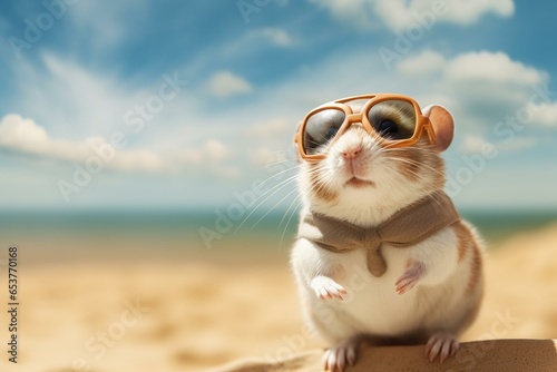 A hamster wearing glasses enjoys a vacation. Generative AI © Hestia