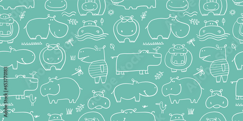 Hippopotamus family, cute hippo characters. Seamless Pattern Background for your design
