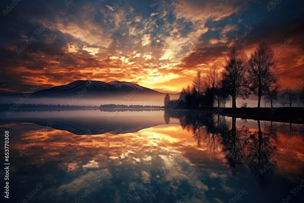 Obraz premium new day reflected in still lake water