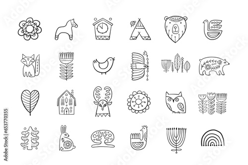 Nordic Design elements. Forest folk Animals and nature. Icons set