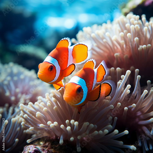 Cute anemone fish playing on the coral reef, beautiful color clownfish on coral feefs, anemones on tropical coral reefs. Made with generative ai © Farid