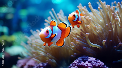 Cute anemone fish playing on the coral reef, beautiful color clownfish on coral feefs, anemones on tropical coral reefs. Made with generative ai