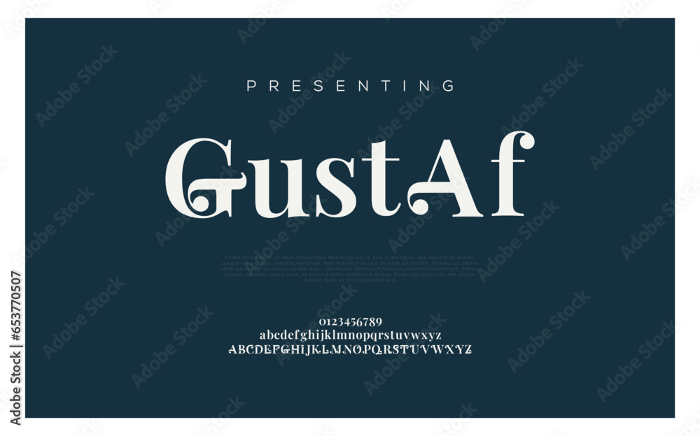 Gustaf Abstract Fashion font alphabet. Minimal modern urban fonts for logo, brand etc. Typography typeface uppercase lowercase and number. vector illustration - obrazy, fototapety, plakaty 