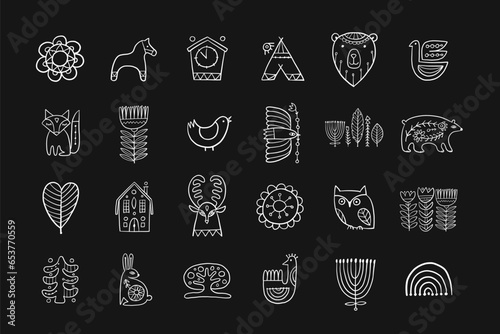 Nordic Design elements. Forest folk Animals and nature. Icons set