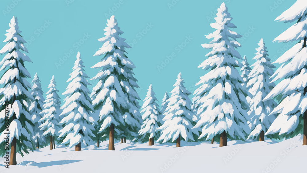 Snowy Landscape with Pine Trees Hand Drawn Painting Illustration