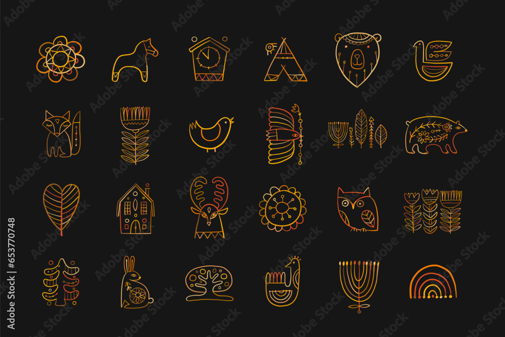 Nordic Design elements. Forest folk Animals and nature. Icons set