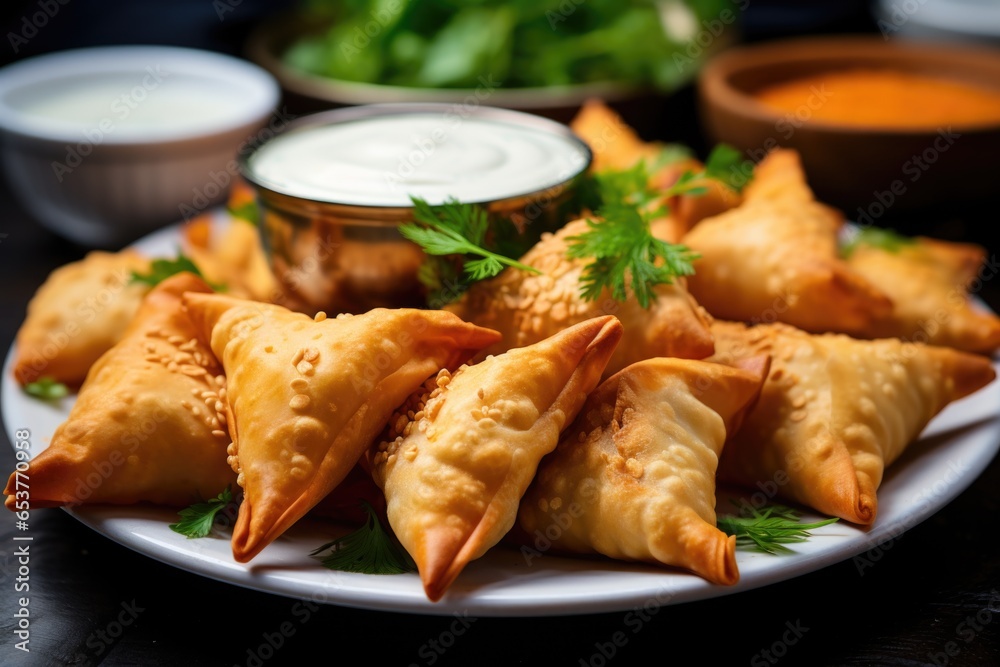 close-up of vegan samosas on a simple white plate close-up of vegan samosas on a simple white plate