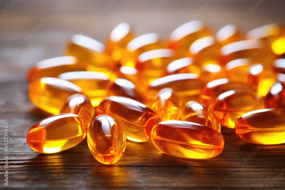 fish oil capsules spread on a plain surface fish oil capsules spread on a plain surface