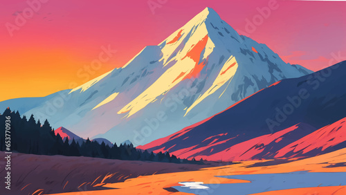 Snowy Mountains Landscape During Dusk or Dawn with Vibrant Colors Hand Drawn Painting Illustration © Reytr