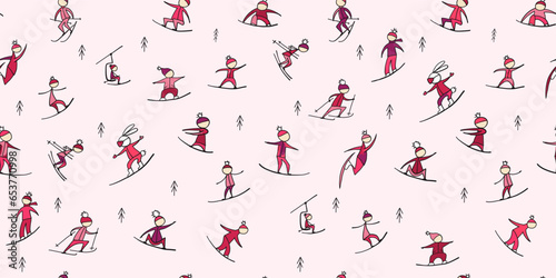 Snowboard time, people snowboarding from the mountain. Seamless pattern for your design