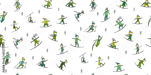 Snowboard time, people snowboarding from the mountain. Seamless pattern for your design