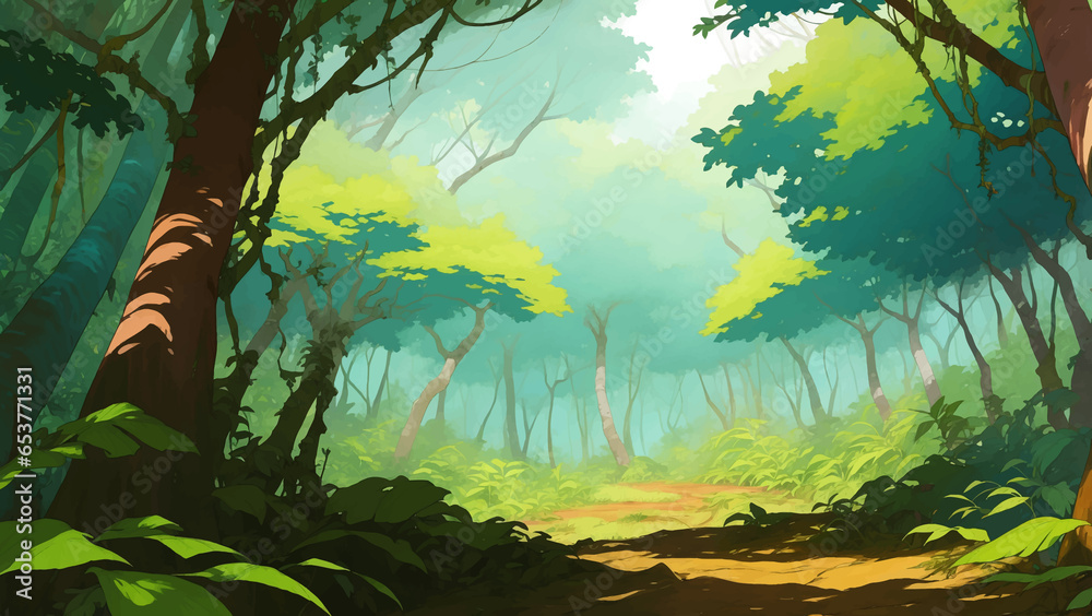 Fototapeta premium Dense Jungle Rainforest Nature Scenery Detailed Hand Drawn Painting Illustration