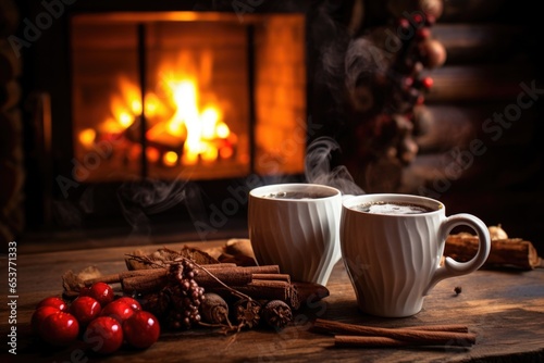 hot cocoa in a mug beside a fireplace