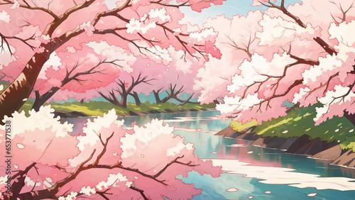 River or Waterway Surrounded by Sakura Trees Cherry Blossoms Hand Drawn Painting Illustration