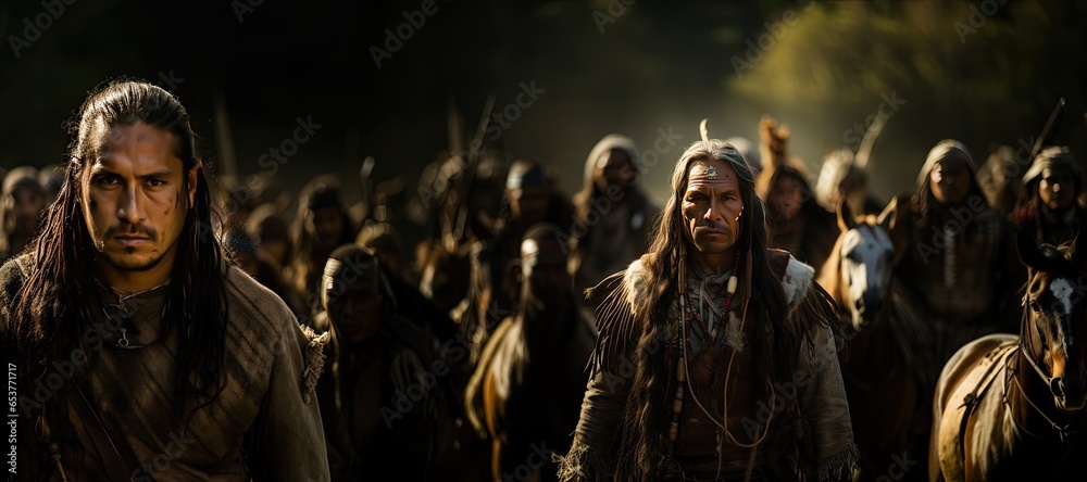 Group of Native American riders on horseback, carrying tomahawks and long rifles,Generated with AI