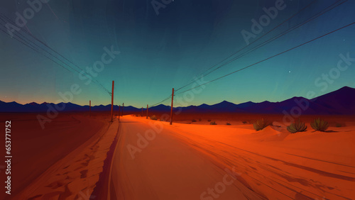 A Road in The Desert with Cactus at Night Hand Drawn Painting Illustration