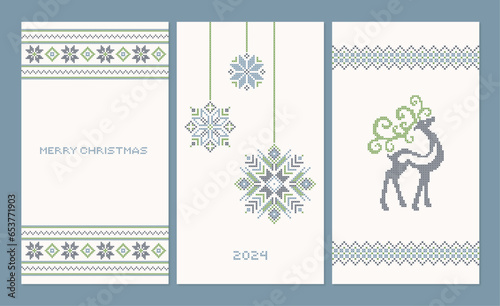 Set of Christmas cross-stitch design vertical banners, embroidery xmas patterns vectors