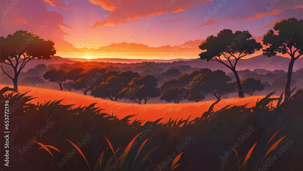 Beautiful Vast African Savanna Grassland at Dawn or Dusk Hand Drawn Painting Illustration
