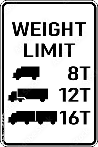 Vector graphic of a black Weight Limit MUTCD highway sign. It consists of the wording Weight Limit and silhouettes of truck types and allowed weight contained in a white rectangle