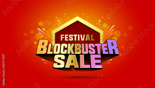 Festive Blockbuster Sale 3d Vector typography design. Carnival Offer, discount logo with geometric techno shape on red background.