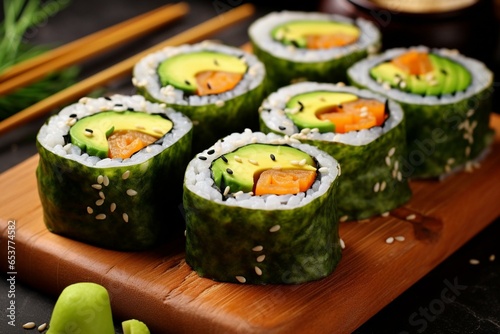 Healthy sushi rolls with avocado and cucumber. Generative AI