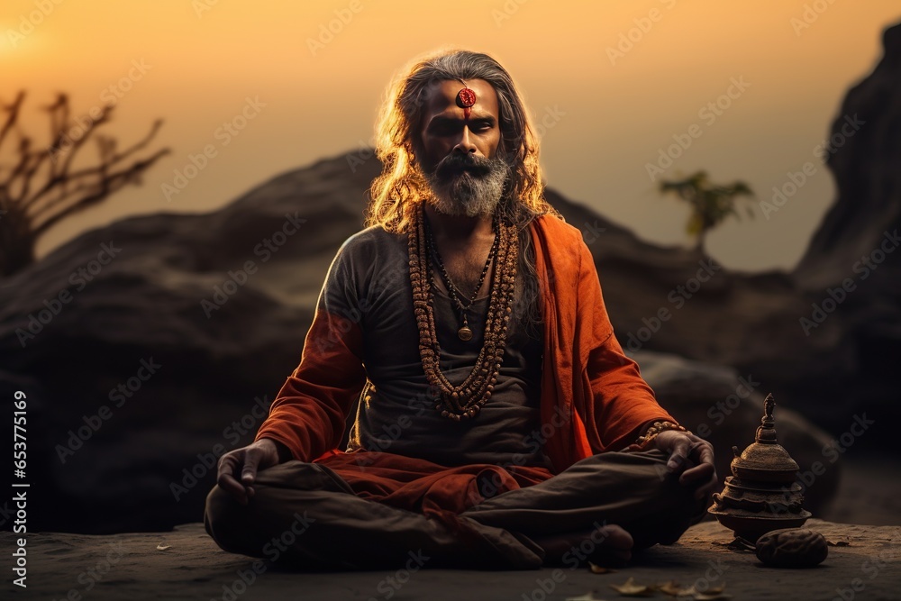 Indian yogi in meditation, spiritual connection amidst the tranquil beauty of India.Generated with AI - obrazy, fototapety, plakaty 