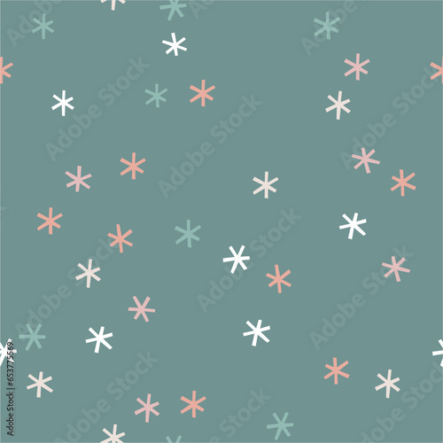 Snowflakes on a green background. Winter snowflakes seamless pattern. Cute repeat design. 