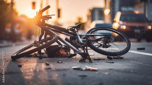 Bicycle accident in road. Broken bike after dangerous crash in city street.