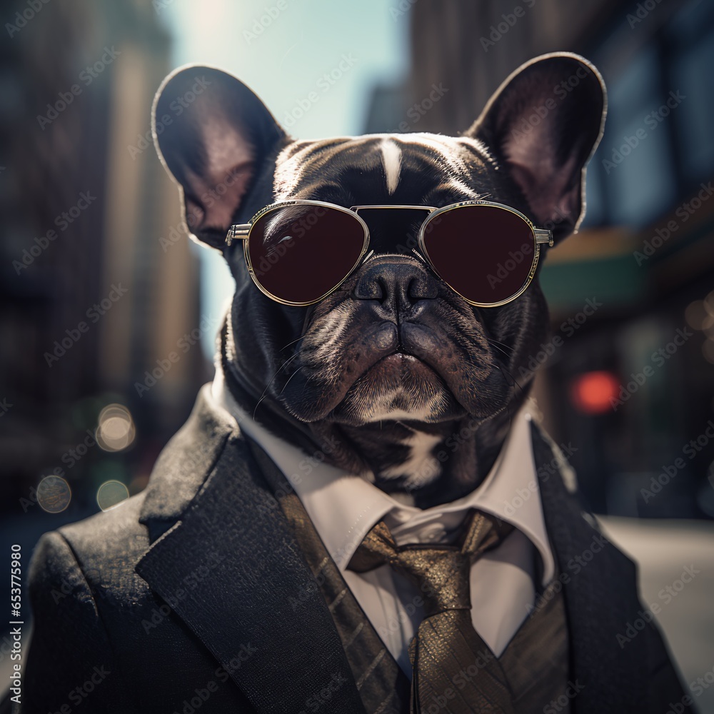 A French Bulldog, Frenchie dog wearing sunglasses and dressed in a suit on a city street, proud and majestic, The Boss, tall buildings in background, heavy bokeh, dog dressed like human, generated ai A French Bulldog, Frenchie dog wearing sunglasses and dressed in a suit on a city street, proud and majestic, The Boss, tall buildings in background, heavy bokeh, dog dressed like human, generated ai