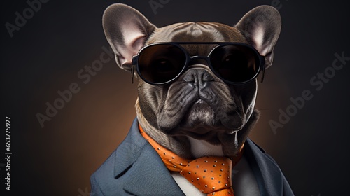 A French Bulldog, Frenchie dog wearing sunglasses and dressed in a suit in studio, proud and majestic, The Boss, professional portrait studio, heavy bokeh, dog dressed like human, generated ai © Stacy