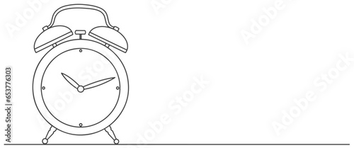Alarm clock in continuous one line drawing style. Minimal graphic design for print, banners. Vector illustration