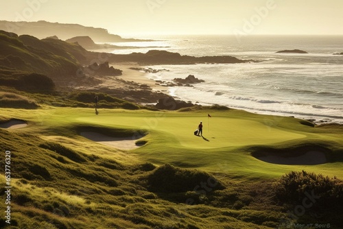 A golfer playing on a coastal golf course. Generative AI