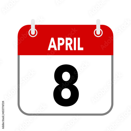 8 April, calendar date icon on white background.