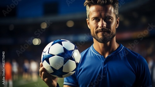 Portrait of handsome man holding soccer ball against football pitch at night