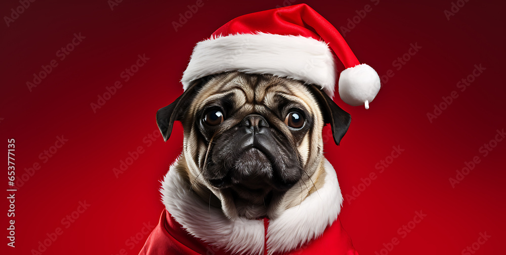 Santa claus pug dog on red background - Christmas winter photography
