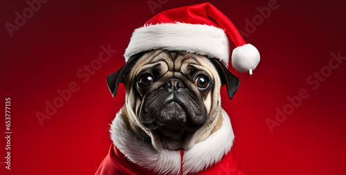 Santa claus pug dog on red background - Christmas winter photography © LiezDesign