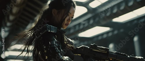 Medium shot of female dressed in futuristic outfit standing in  spaceship with big black machine gun. High quality 4K