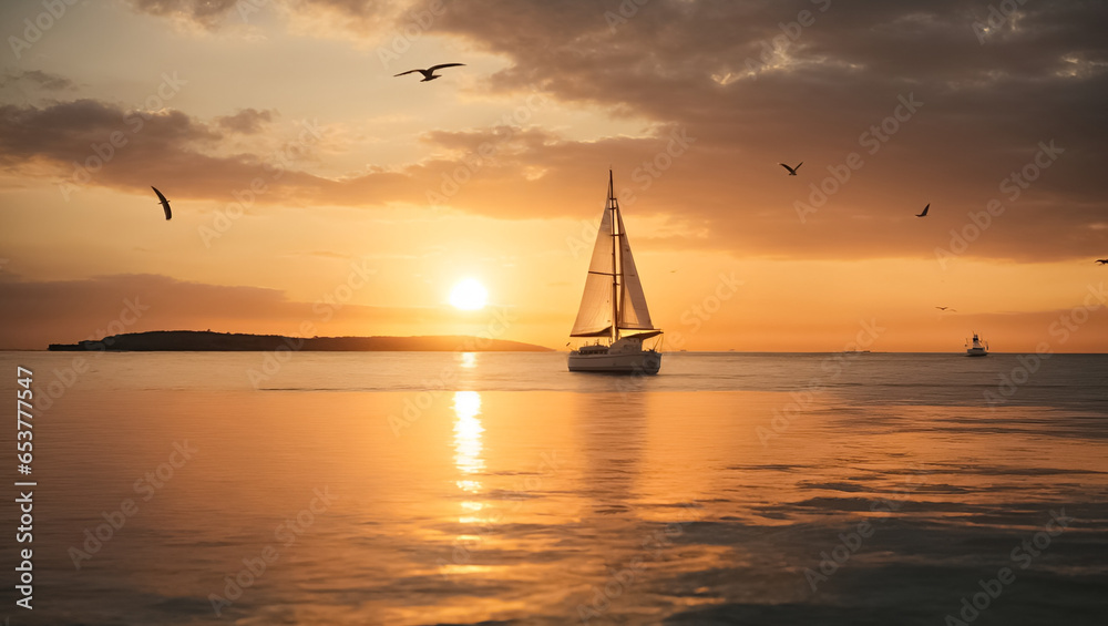 Sunset seen from the sea with fishermen and birds in the sky and in the sea, realistic and natural