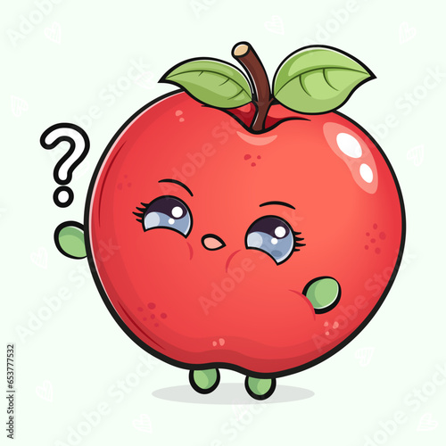 Red apple and question mark. Vector hand drawn cartoon kawaii character illustration icon. Isolated on light green background. Red apple character concept