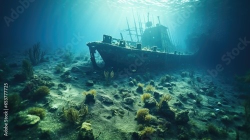 Mysterious Underwater Landscape with Sunken Shipwreck