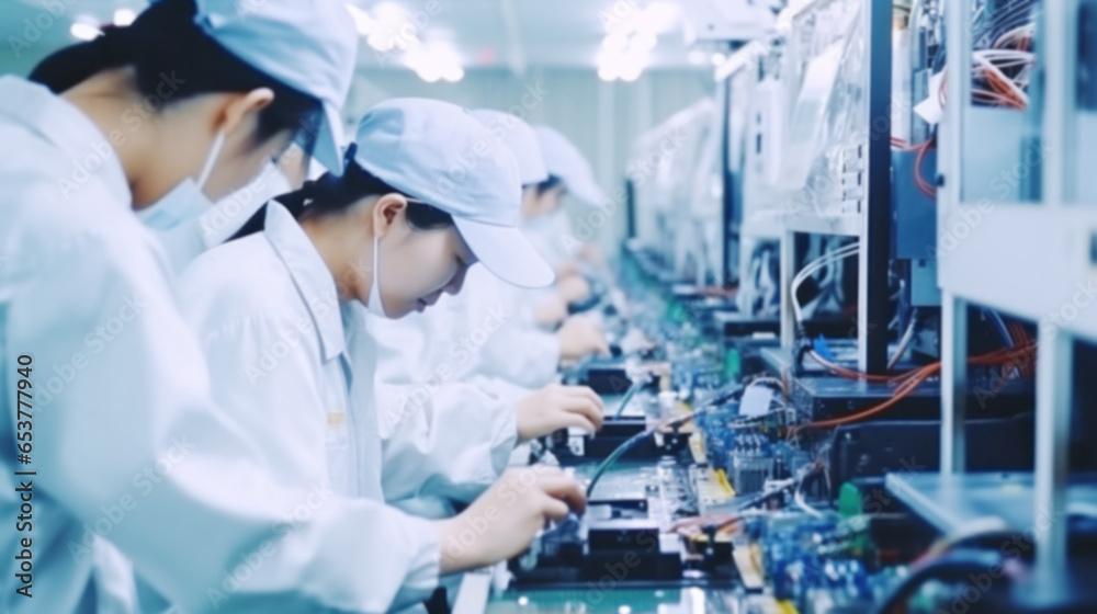 Workers,technology production factory, industrial machines building electronic smartphones, computer, protective work gear working, mobile component, increase minimum wage, labor law, blurred image Workers,technology production factory, industrial machines building electronic smartphones, computer, protective work gear working, mobile component, increase minimum wage, labor law, blurred image