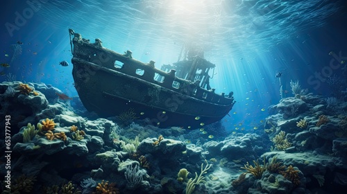 Mysterious Underwater Landscape with Sunken Shipwreck