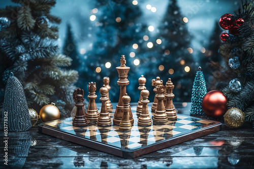 Golden chess pieces on reflective chess board in Christmas setting with pine trees, ornaments and lights photo