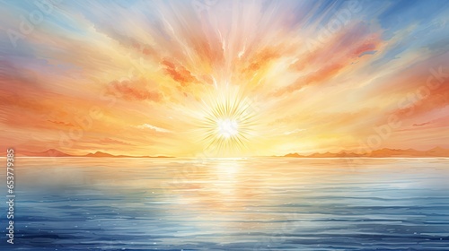 Radiant sunburst over a calm ocean, concept art and illustration. Generative AI