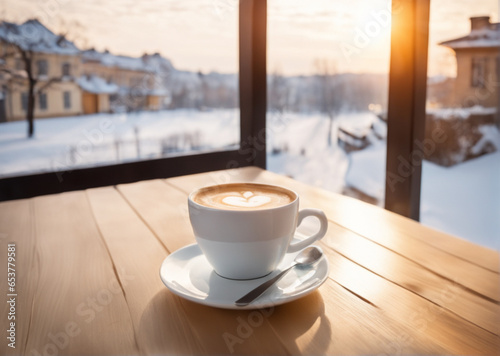 cup of coffee on table against the background of a window with a winter landscape outside