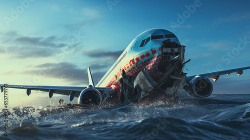 Dramatic plane crash in water. Airplane emergency accident concept.