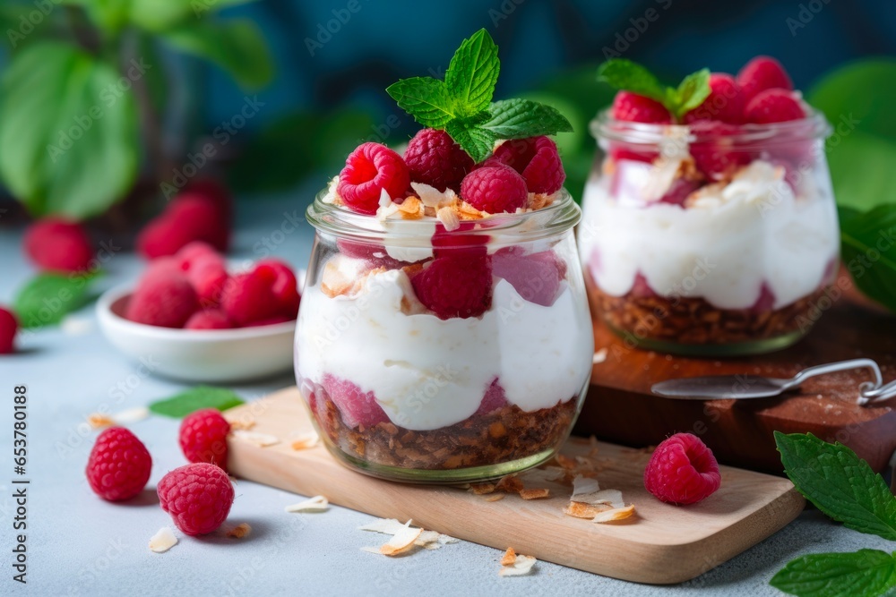 Berry Trifle. Homemade Raspberry Pudding in a Glass Jar with Coconut Cream and Fresh Berries. Perfect Vegan and Vegetarian Diet Dessert Berry Trifle. Homemade Raspberry Pudding in a Glass Jar with Coconut Cream and Fresh Berries. Perfect Vegan and Vegetarian Diet Dessert