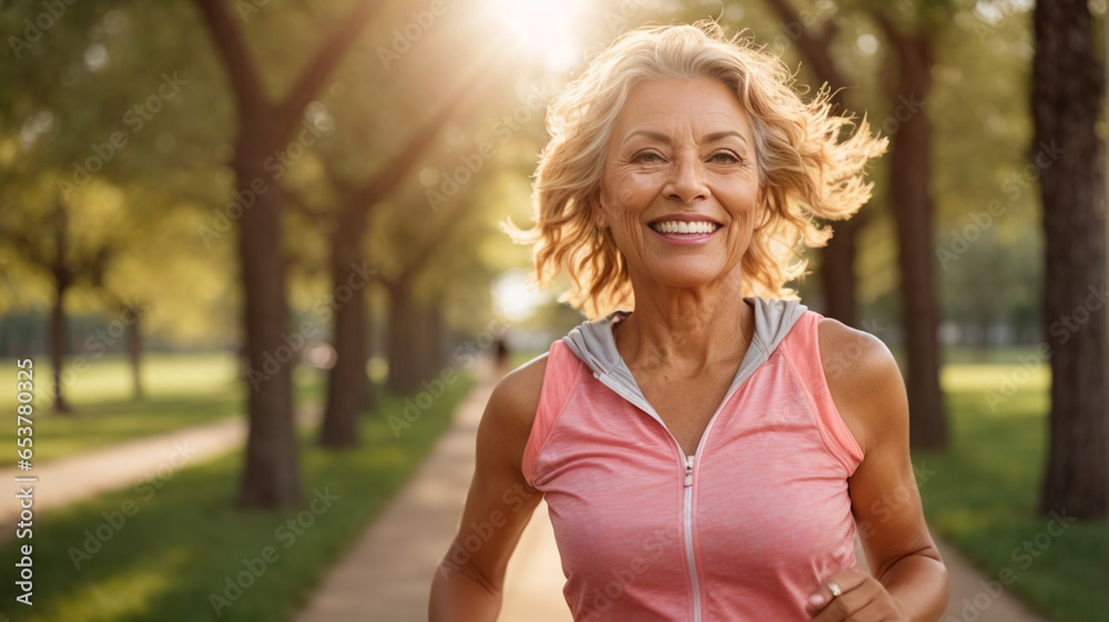 portait smiling of Mature woman running outdoors, maintaining a healthy lifestyle through regular exercise, embracing fitness and wellness in a natural environment. portait smiling of Mature woman running outdoors, maintaining a healthy lifestyle through regular exercise, embracing fitness and wellness in a natural environment.