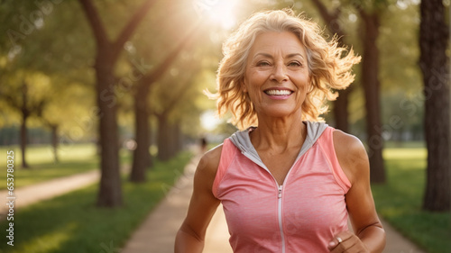 portait smiling of Mature woman running outdoors, maintaining a healthy lifestyle through regular exercise, embracing fitness and wellness in a natural environment. photo