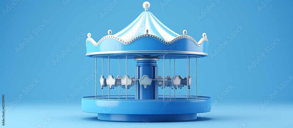 Minimalist illustration of a blue carousel icon on a blue background at an amusement park for children s entertainment and recreation - obrazy, fototapety, plakaty 